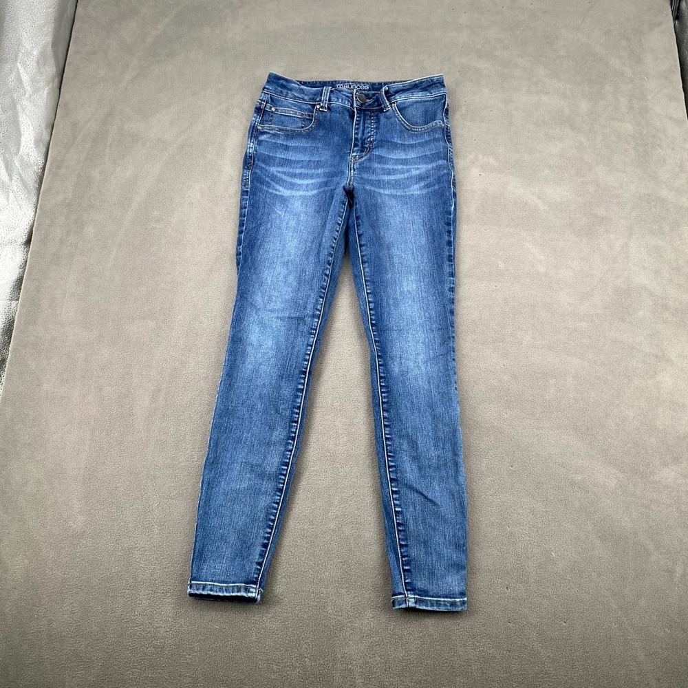 Maurices Everflex Jeans Women 4 Blue Denim Cotton High Rise Whiskered Skinny Leg